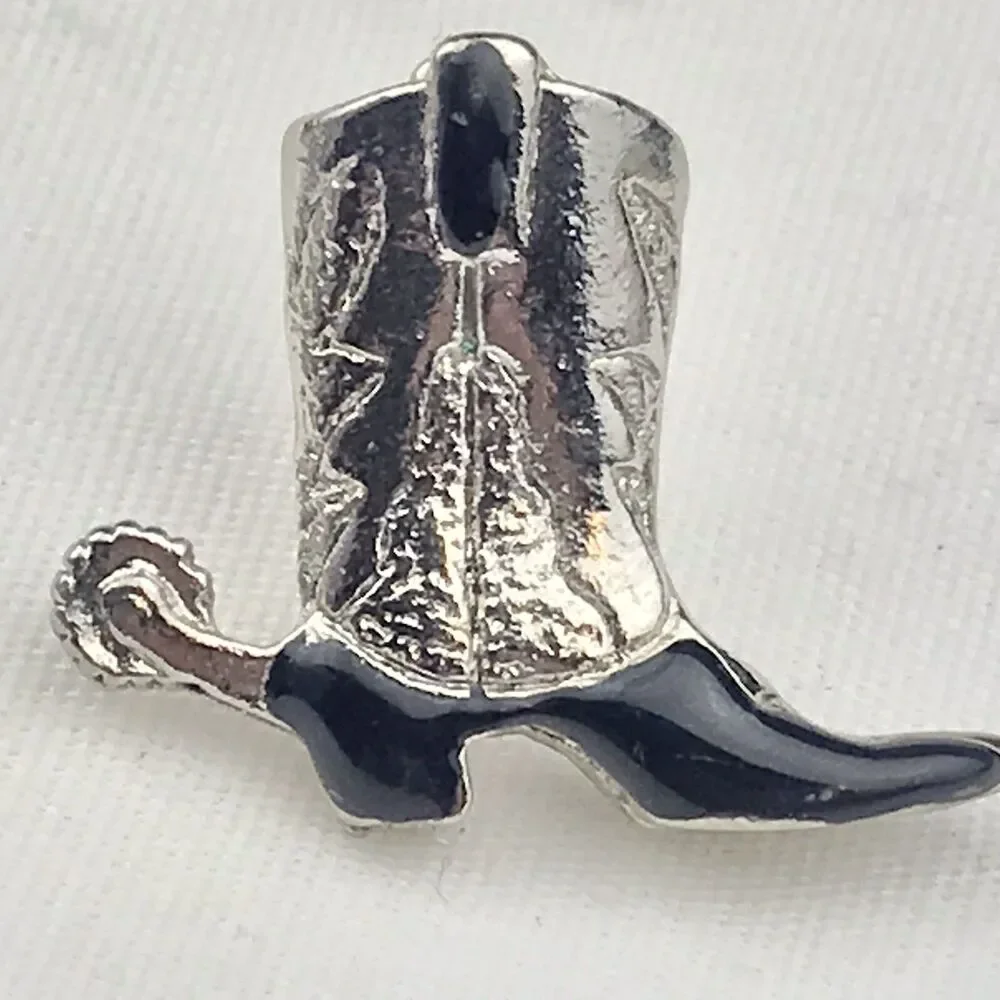 Boot With Spur Vintage Pin Brooch Silver Tone Black Enamel With Spur Cowboy West